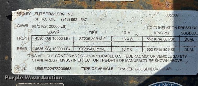 image for item OB9561 2007 Elite Trailers Gooseneck Float flatbed trailer