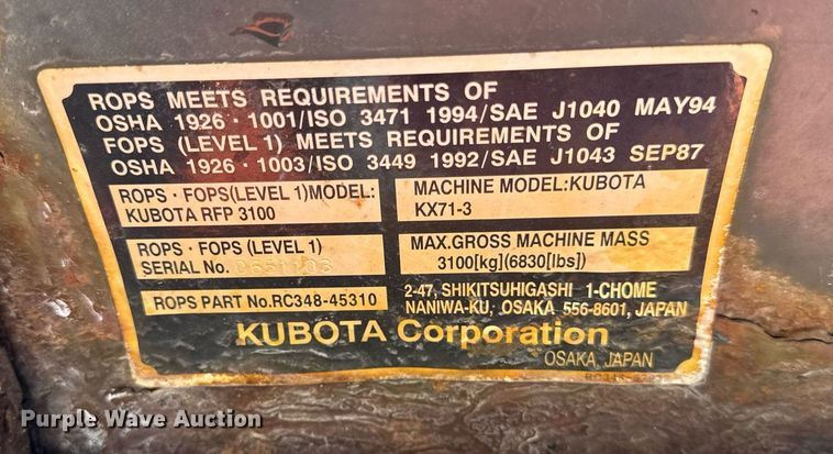 image for item DH9886 2006 Kubota KX71-3 mini excavator