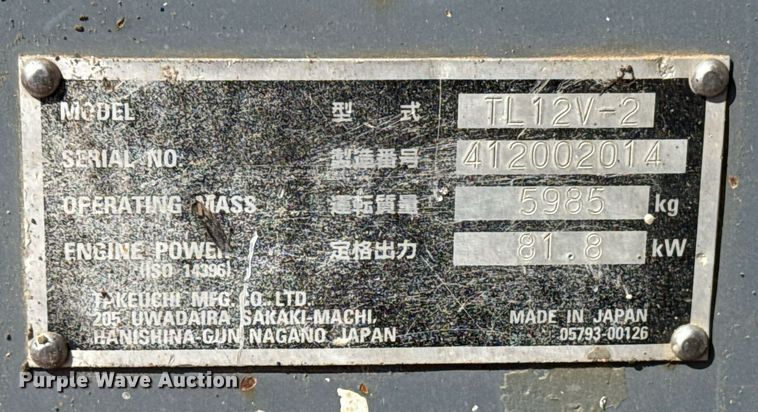 image for item DM5629 2019 Takeuchi TL12V-2 tracked skid steer loader