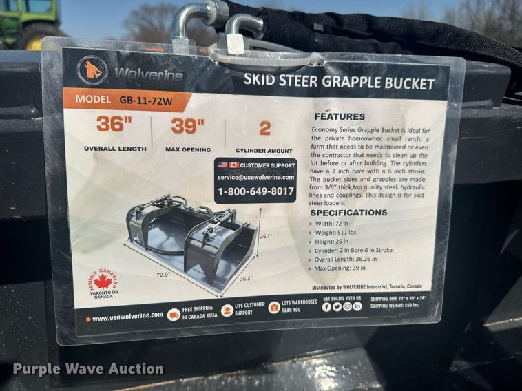 image for item DO0663 2023 Wolverine GB-11-72W skid steer grapple bucket