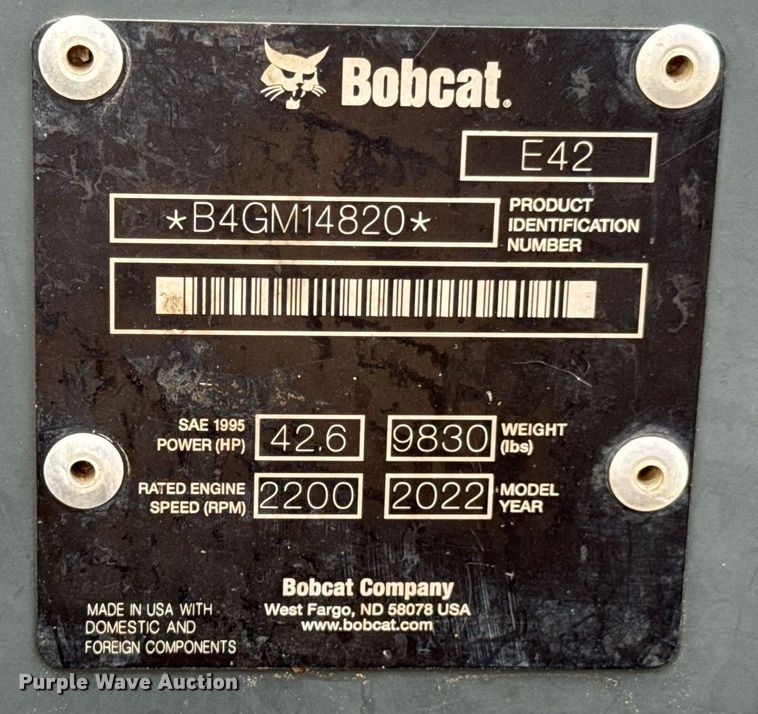 image for item DO0710 2022 Bobcat E42 mini excavator