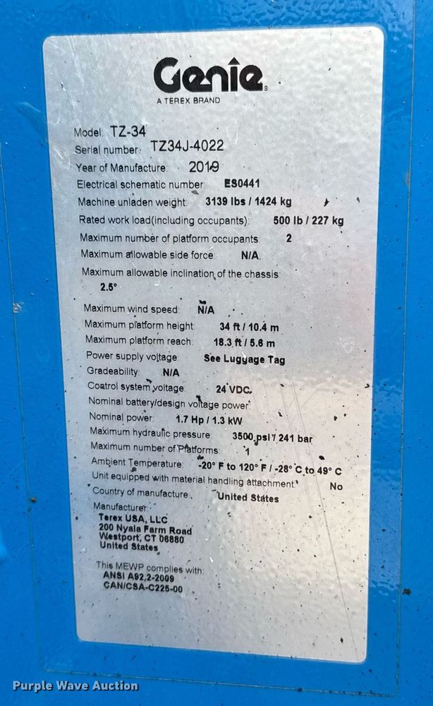 image for item DO0711 2019 Genie TZ-34/20 boom lift