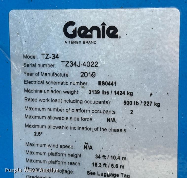 image for item DO0711 2019 Genie TZ-34/20 boom lift