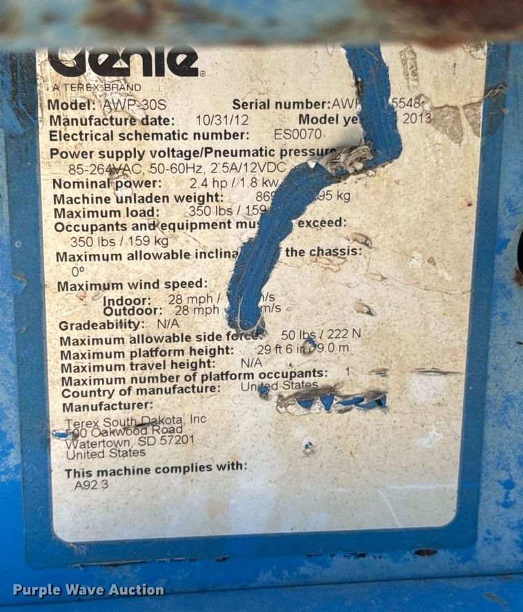 image for item DO0716 2012 Genie AWP-30S vertical lift