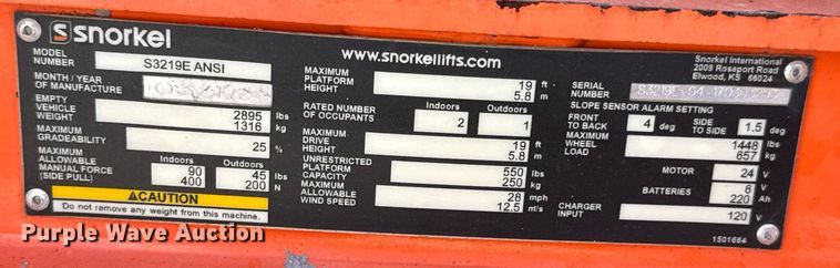 image for item DO0718 2017 Snorkel S3219E scissor lift