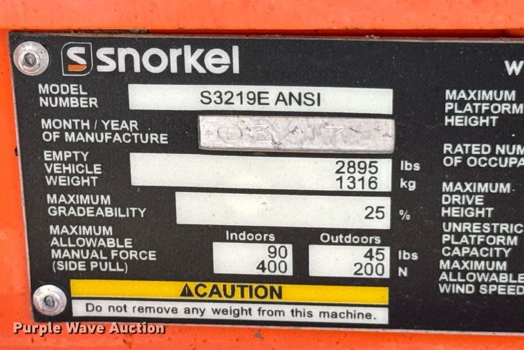 image for item DO0718 2017 Snorkel S3219E scissor lift