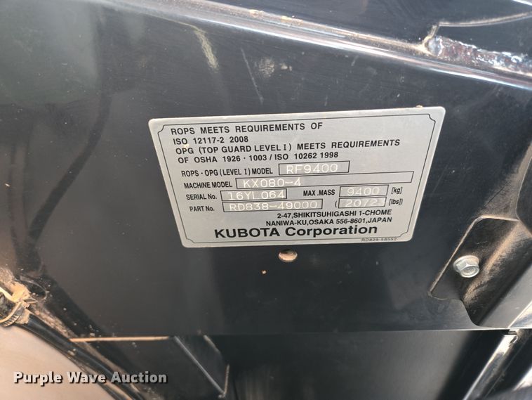 image for item DP6252 2017 Kubota KX080-4 mini excavator
