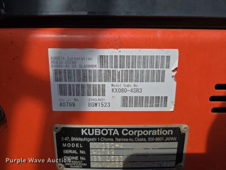 image for item DP6252 2017 Kubota KX080-4 mini excavator