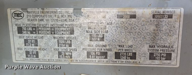 image for item DP6257 2000 Mayville Engineering Co Inc. 3768ES scissor lift