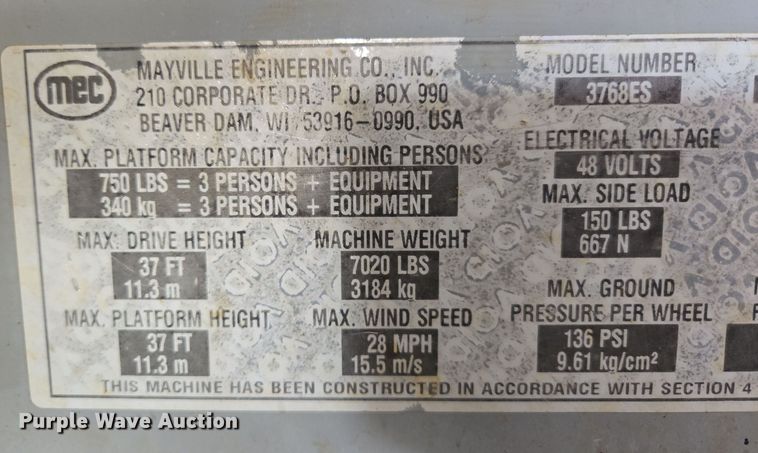 image for item DP6257 2000 Mayville Engineering Co Inc. 3768ES scissor lift