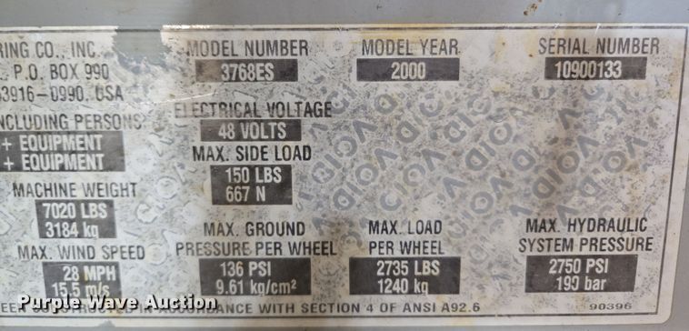 image for item DP6257 2000 Mayville Engineering Co Inc. 3768ES scissor lift