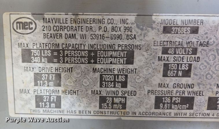 image for item DP6257 2000 Mayville Engineering Co Inc. 3768ES scissor lift