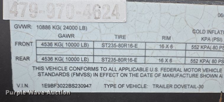 image for item DP6263 2011 Elite Trailer Dovetail-30 equipment trailer