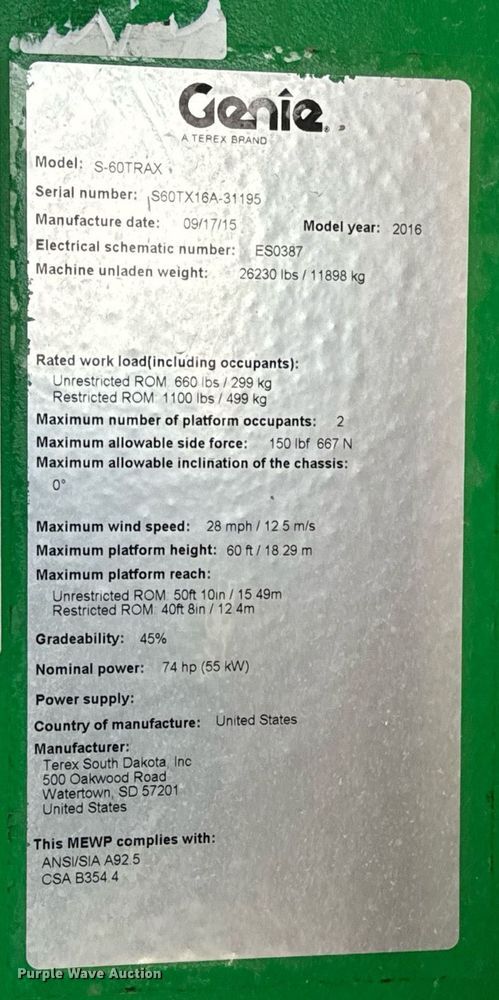 image for item DV1865 2016 Genie S-60TRAX boom lift