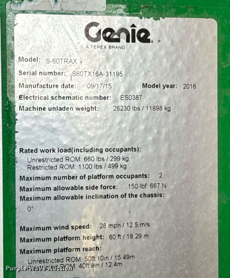 image for item DV1865 2016 Genie S-60TRAX boom lift