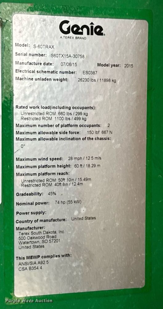 image for item DV1866 2015 Genie S-60TRAX boom lift