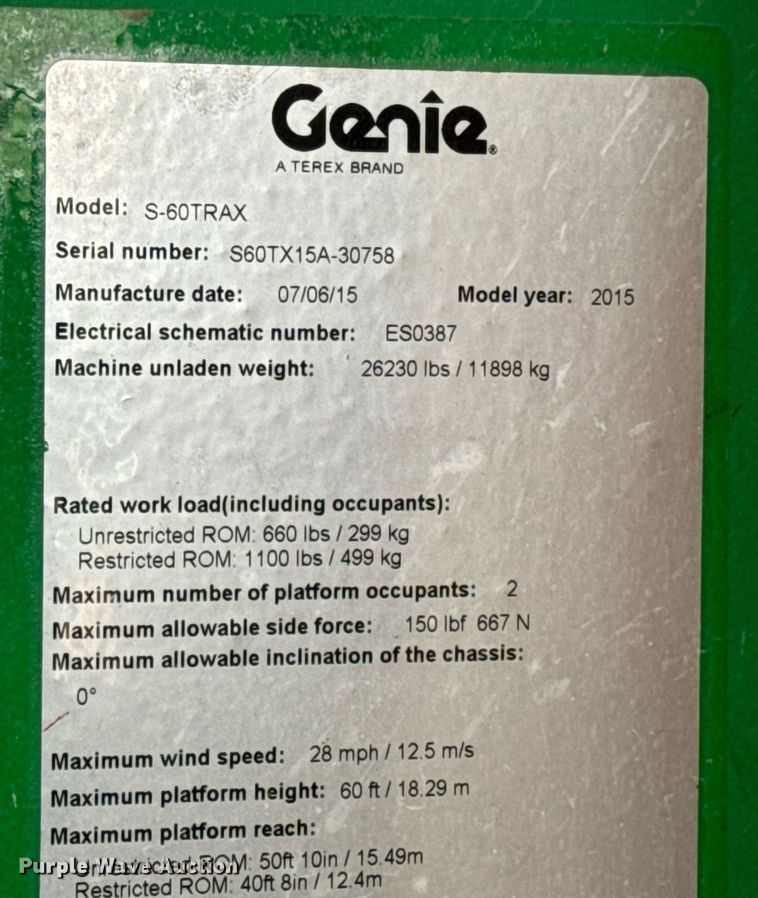 image for item DV1866 2015 Genie S-60TRAX boom lift