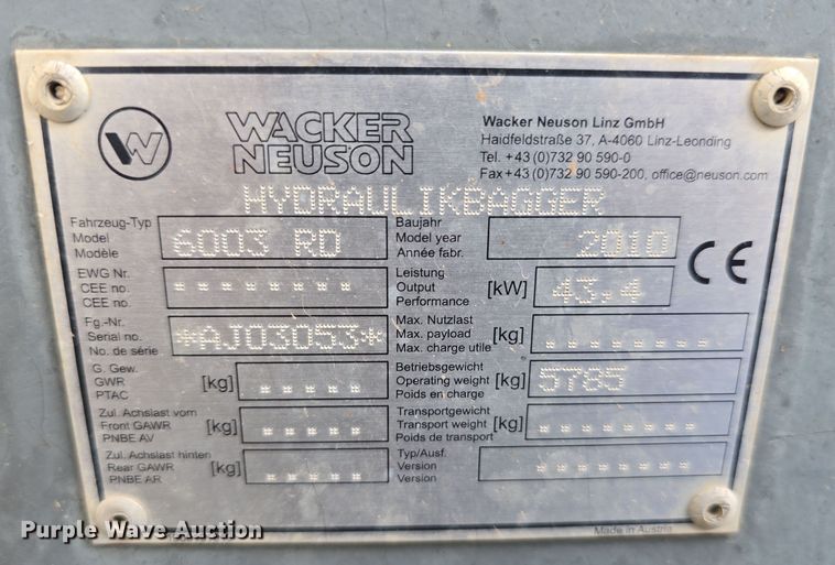 image for item DW3224 2010 Wacker Neuson 6003 mini excavator