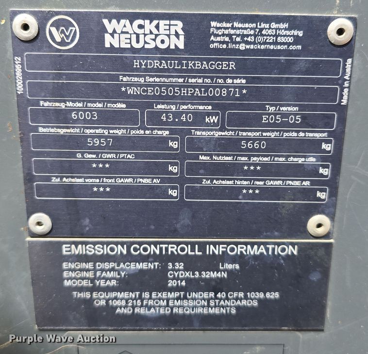 image for item DW3227 2014 Wacker Neuson 6003 mini excavator