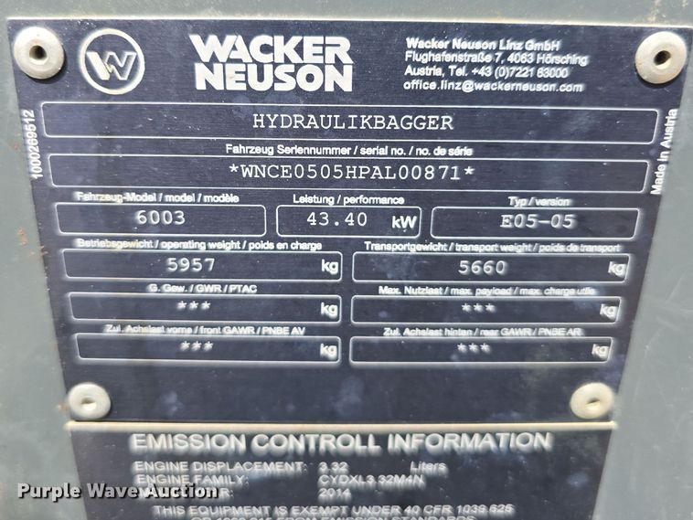 image for item DW3227 2014 Wacker Neuson 6003 mini excavator