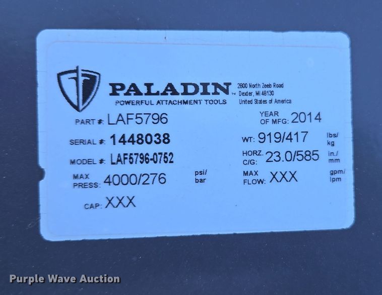 image for item EC0895 2014 Paladin LAF5796 wheel loader snow plow