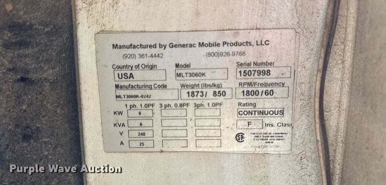 image for item EC4059 2015 Magnum MLT3060K light plant
