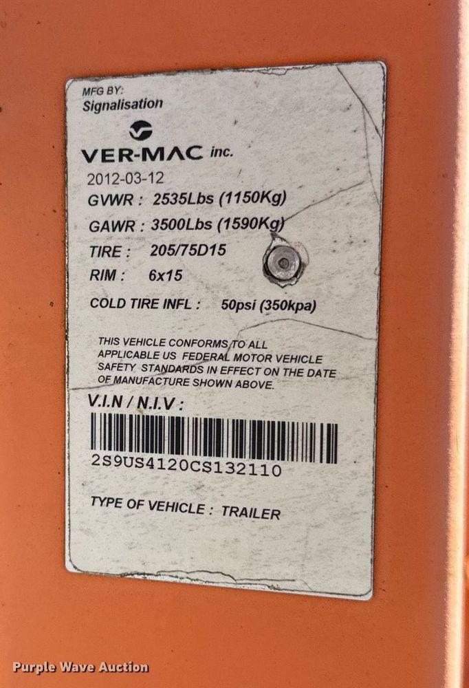 image for item EC4113 2012 Ver-Mac PCMS 1500 message board trailer