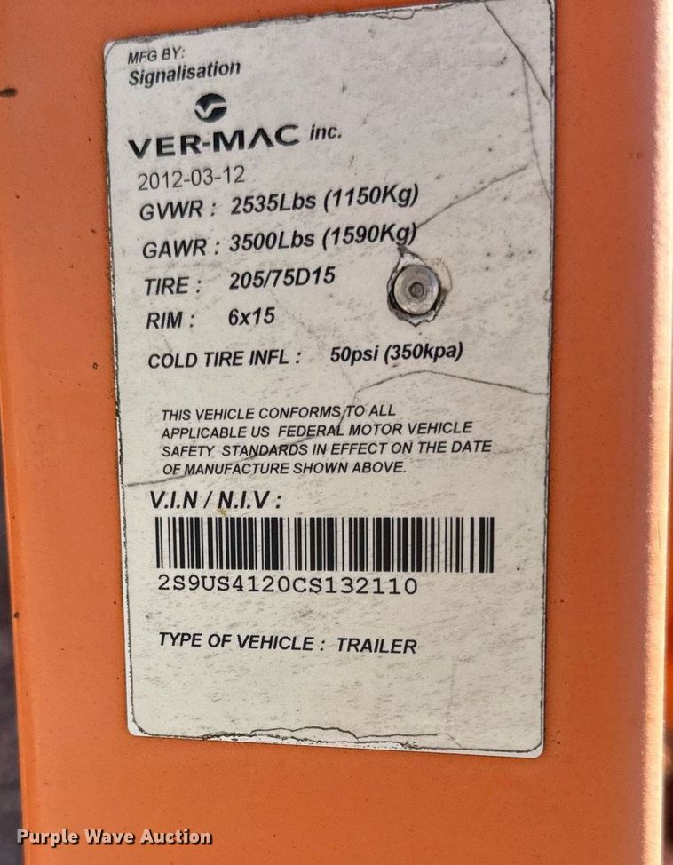 image for item EC4113 2012 Ver-Mac PCMS 1500 message board trailer