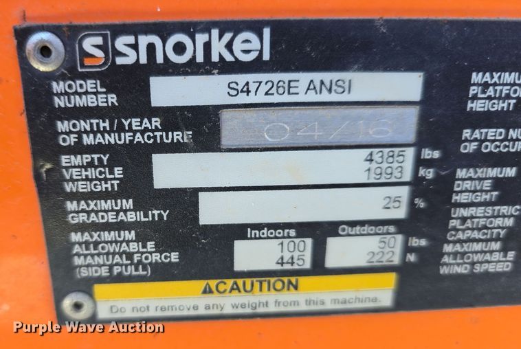 image for item EH8842 2016 Snorkel S4726E scissor lift