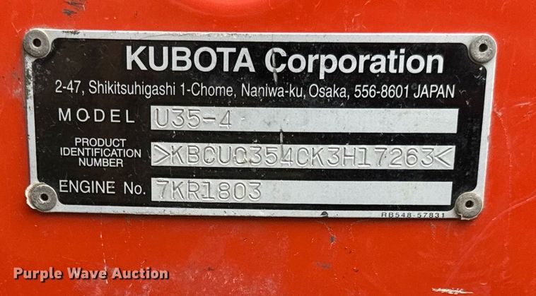 image for item EJ3587 2021 Kubota U35-4 mini excavator