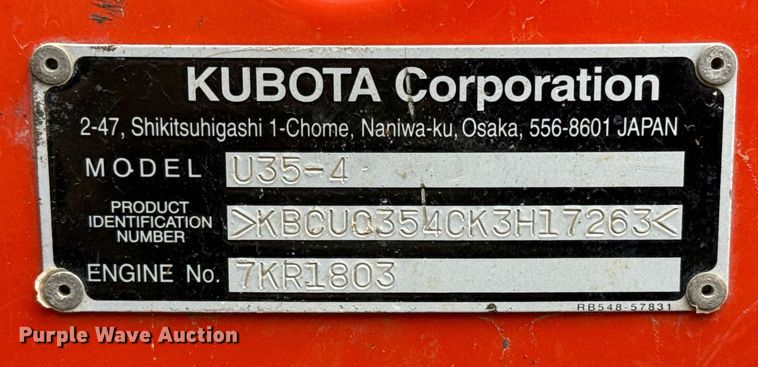 image for item EJ3587 2021 Kubota U35-4 mini excavator