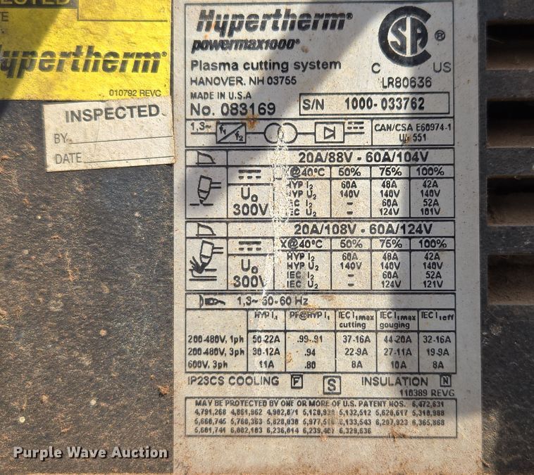 image for item EJ8435 (2) Hypertherm Powermax 1000 plasma cutting systems