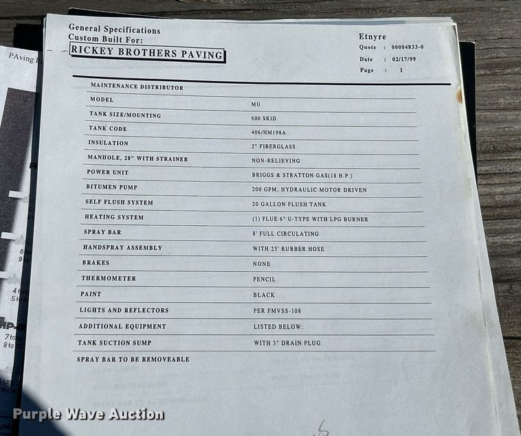 image for item EK2773 1999 Etnyre Maintenance Unit oil distributor trailer