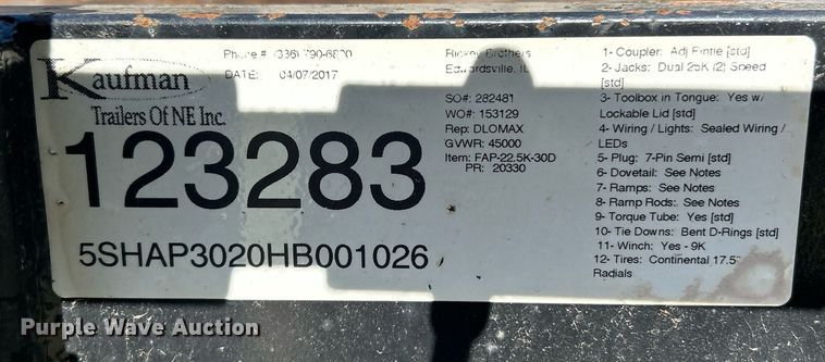 image for item EK2774 2017 Kaufman equipment trailer