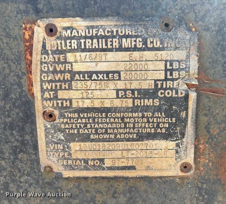 image for item EM0036 1999 Butler LT-2018-WR equipment trailer