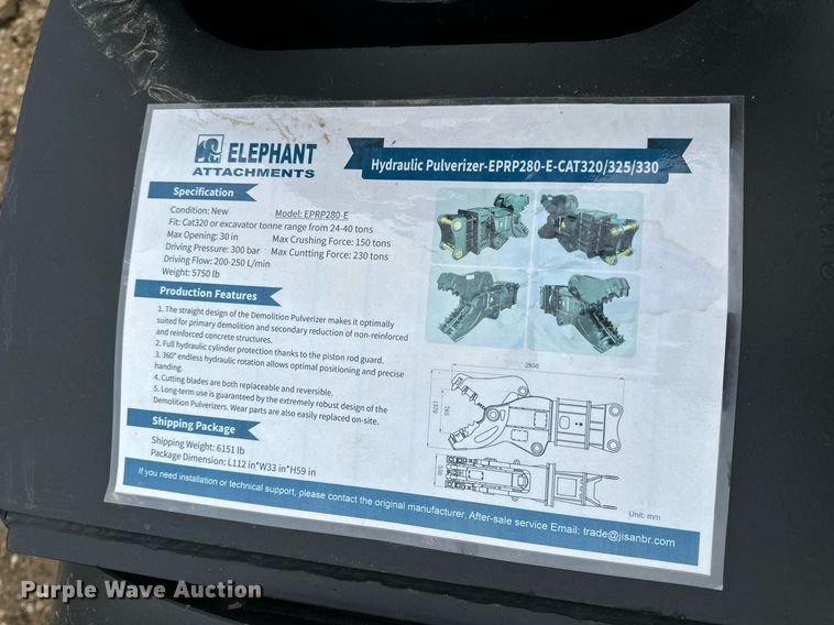 image for item EN5212 2024 Elephant Attachments EPRP280-E hydraulic pulverizer
