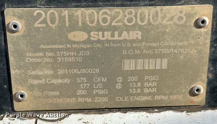 image for item EQ1229 2011 Sullair 375HH JD3 air compressor