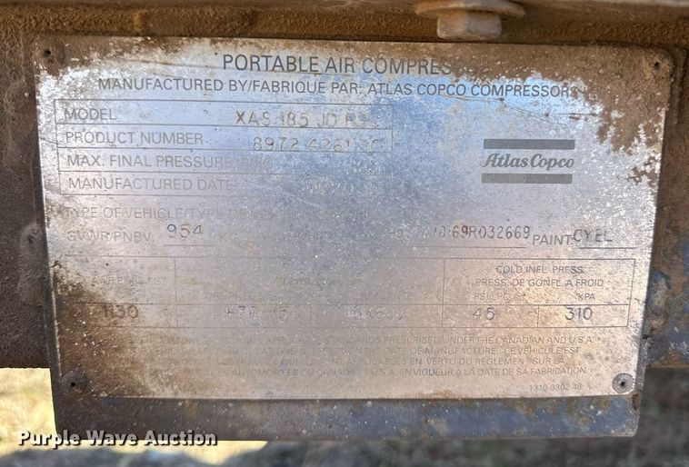 image for item ER8962 2009 Atlas Copco XAS 185 JD RSC air compressor