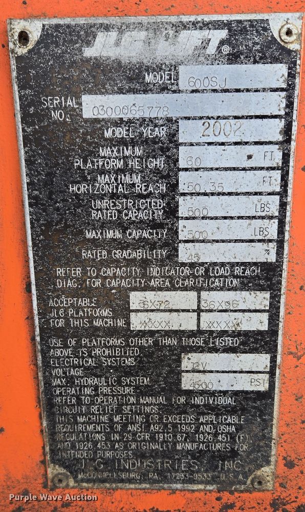 image for item ND9397 2002 JLG 600SJ boom lift