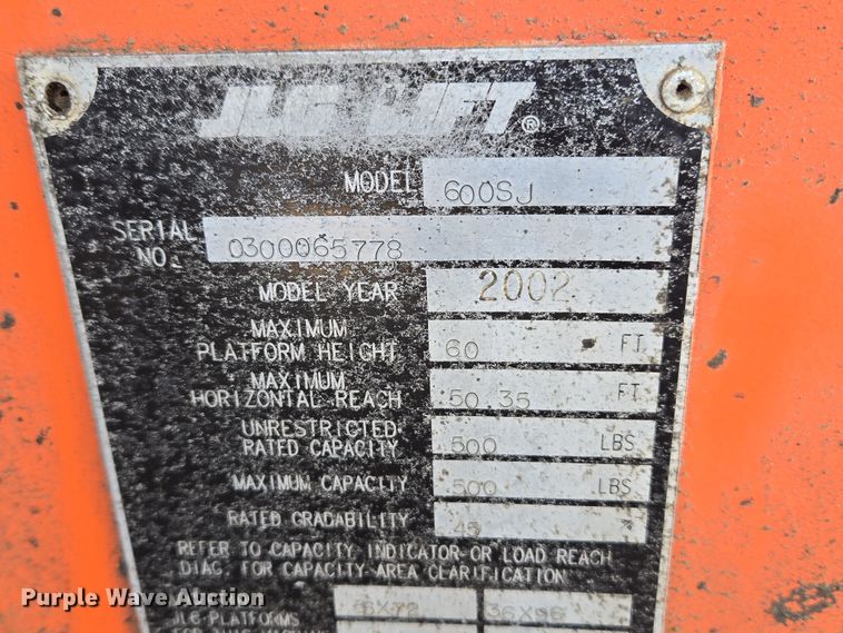 image for item ND9397 2002 JLG 600SJ boom lift