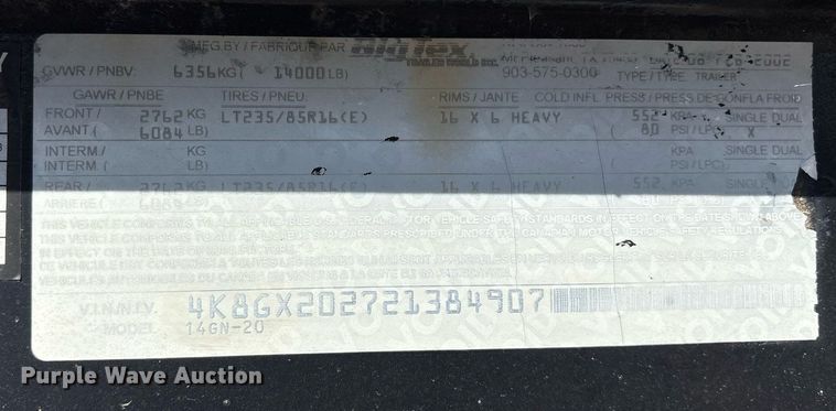 image for item OB9462 2002 Big Tex 14GN-20 equipment trailer