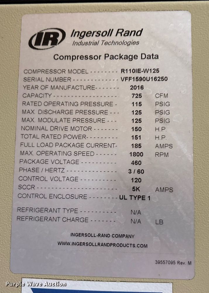 image for item OB9536 2016 Ingersoll Rand R110IE-W125 air compressor