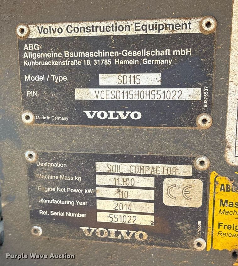 image for item OB9578 2014 Volvo SD115 single drum vibratory roller