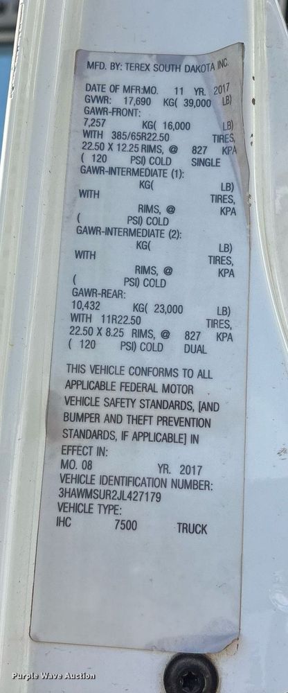 image for item OB9579 2018 International 7500 digger derrick truck