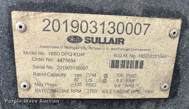 image for item OB9595 2019 Sullair 185D DPQ KU4F air compressor