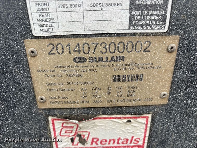 image for item OB9596 2014 Sullair 185DPO CAi4 EPA air compressor