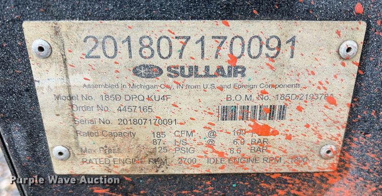 image for item OB9597 2018 Sullair 185D DPQ KU4F air compressor