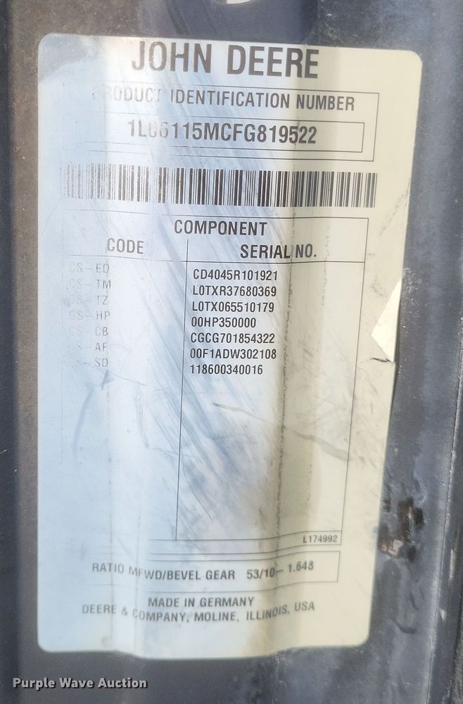 image for item DS5342 2015 John Deere 6115M MFWD tractor