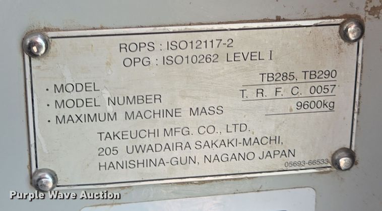 image for item DT4770 2016 Takeuchi TB290 mini excavator