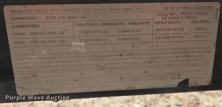 image for item DV1316 2005 Parker utility trailer